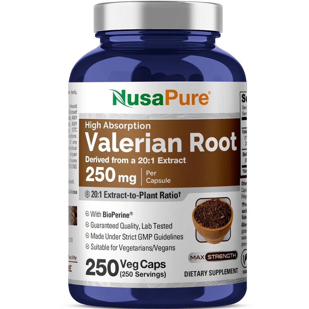 NusaPure Valerian Juur 20: 1 Ekstrakt, 250 mg, mis vastab 5000 mg Veggie Caps'ile, 250 Count, Vegan, Non-GMO, Bioperine