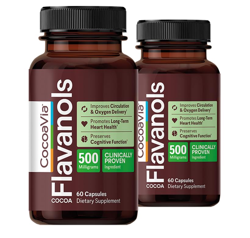 CocoaVia Cardio Health Supplement, 60 päeva, 500 mg kakao flavanoolid, südame tervise toetamine, lämmastikoksiidi suurendamine, vereringlus, energia, vegan, tume šokolaad, 120 kapslit