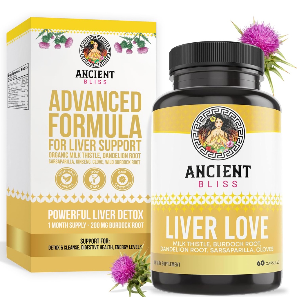 Ancient Bliss Maksa Armastus - Looduslik Piimaohakas Maksa Detox ja Maksa Tervise Puhastuslisa - Toetada Tervislikku Maksa Meestel Ja Naistel - 60 Kapslit - Burdock, Dandelion, Cloves ja Rohkem