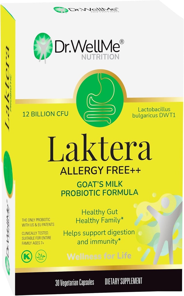 Dr WellMe Laktera allergiavabad probiootikumid - 30 kapslit, 12B CFU kitsepiima probiootiline valem, immuun- ja soolestiku toidulisandid - madal laktoos, gluteenivaba täiskasvanutele ja 7+ Lapsed
