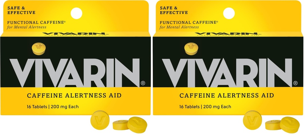 Vivarin, kofeiinipillid, 200 mg kofeiini annuse kohta, ohutult ja tõhusalt aitab teil jääda ärkama, suhkrut, kaloreid või varjatud koostisosi, energialisandit, 16 tabletti (pakk 2)