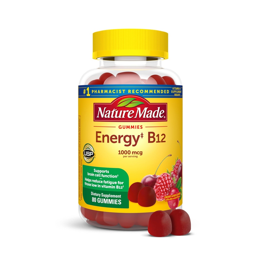 Nature Made Energy B12 1000 mcg, toidulisand energia ainevahetuse toetamiseks, 80 kummi, 40 päeva pakkumine Pakend võib varieeruda