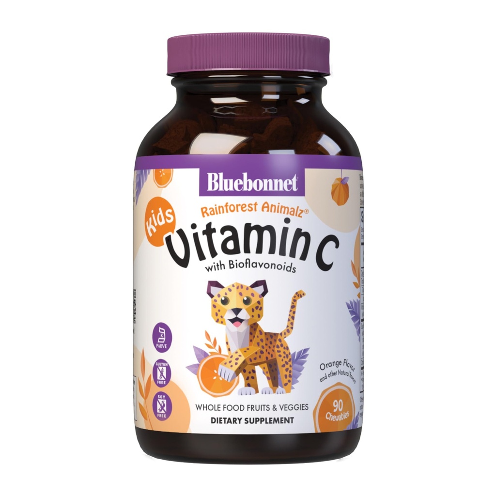 Bluebonnet Nutrition Rainforest Animalz C-vitamiin Looma kuju närimistabletid, 250mg C-vitamiini, soja-vaba, gluteenivaba, Kosher sertifitseeritud, piimavaba, Vegan, 90 tabletti, 45 serveerimist, oranž maitse