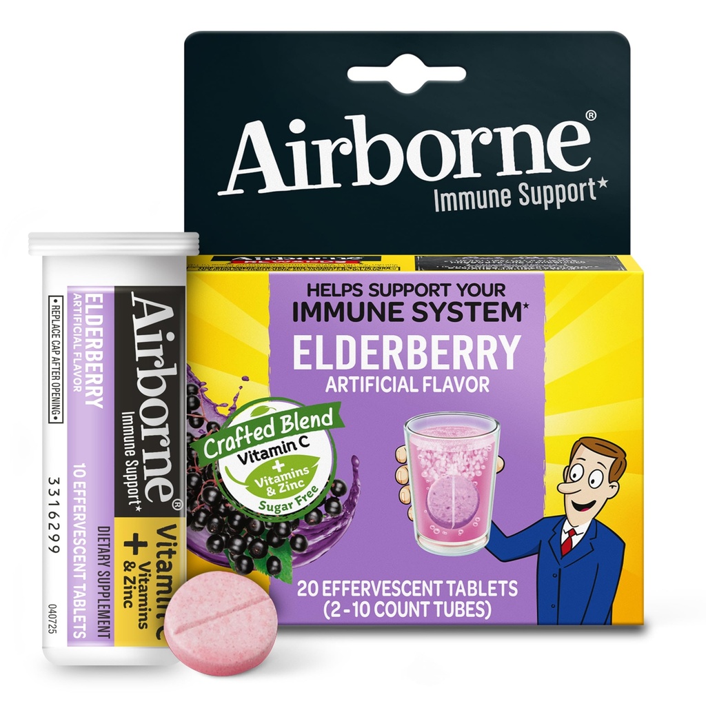 Airborne Elderberry Extract + Vitamiin C 1000mg (per Serving) - kihisevad tabletid (20 loe kastis), Gluteenivaba immuunsüsteemi tugisammas, vitamiinidega C E, tsink, seleen, suhkruvaba