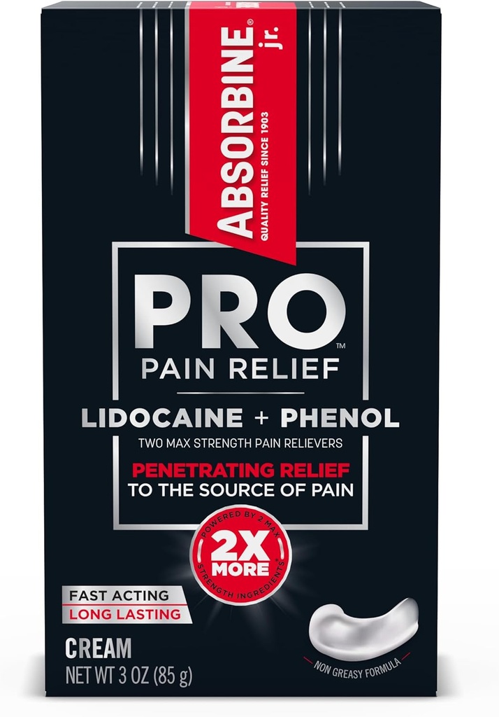 ABSORBINE JR. Absorbine Jr. PRO Max Tugevus Lidokaiini kreem, maksimaalne valu leevendamine fenooliga närvivalu kiireks toimeks, lihasvalud ja liigesehäired, mitteraske valem, 3oz. Tube, 1