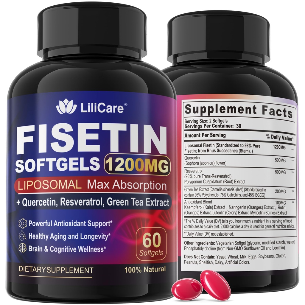 Fisetin Supplement - Liposomal Super Absorption 98% Puhas 1200mg kvertsetiin, resveratrool, roheline tee ekstrakt tervisliku vananemise ja pikaealisuse, naha tervise, aju ja antioksüdant - 60 Softgels