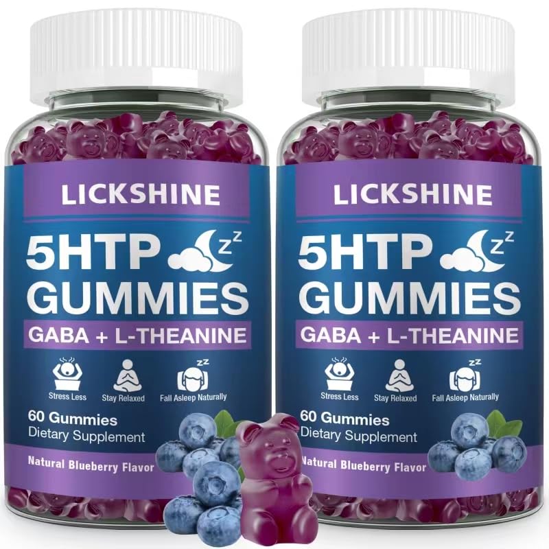 2 Pack 300MG 5-HTP GABA Sleep Supplement Gummies 200mg L-Theanine Supplement aju, meeleolu stabilisaator ja une tugi, melatoniinivaba, Omega 3-6-9 Natural Zzzs, mustikamaitse