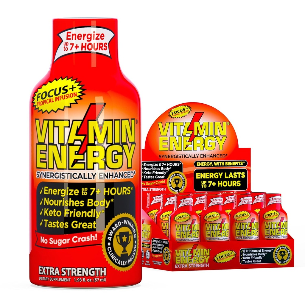Vitamiinienergia fookus + ekstra tugevus Energia Shot Tropical Infusioon 12 Pack, 260mg looduslik kofeiin, B-vitamiinid, CoQ10, aminohapped, fookus, tootlikkus ja selgus, nullsuhkur, gluteenivaba, 1,93 fl oz