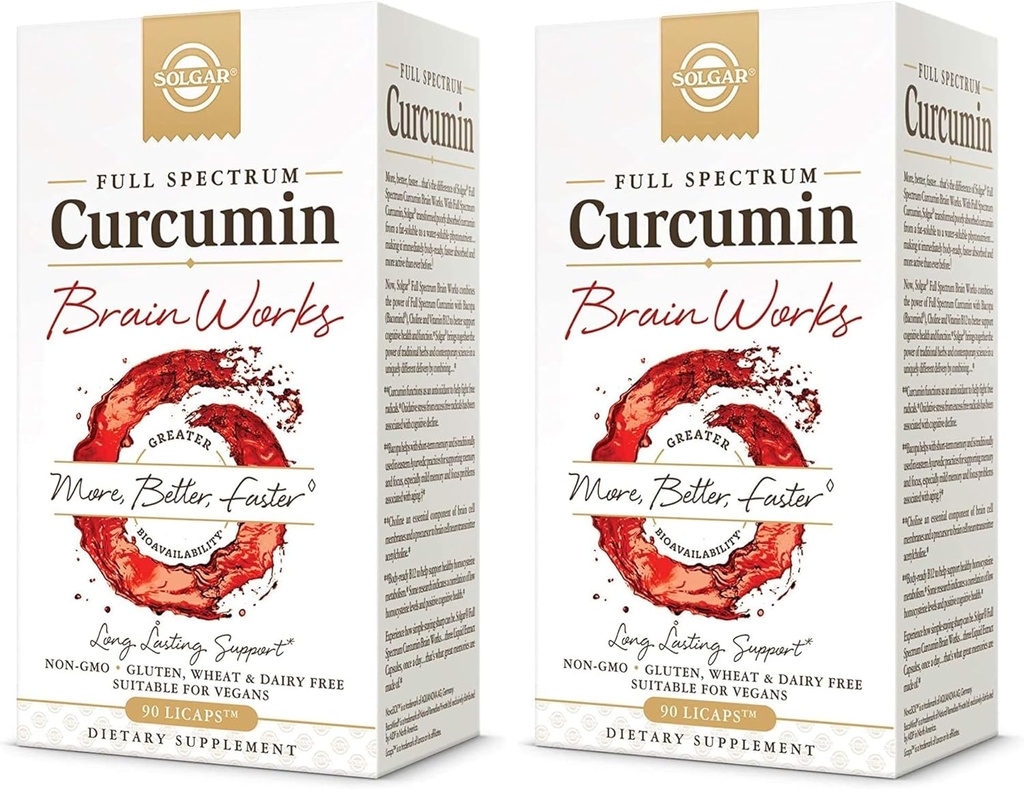 Solgar Full Spectrum Curcumin Brain Works, 90 Licaps - mälu tagasikutsumise, fookuse, kognitiivse funktsiooni toetamine - antioksüdantide tugi - kurkumiin, BacoMind, koliin, vitamiin B12 - mitte-GMO, vegan - (pakk 2)