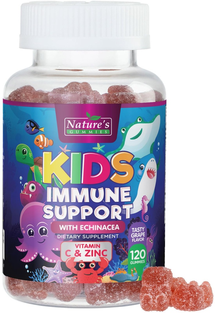 Lapsed Immune Support Supplement Gummies - igapäevased lapsed Vitamiinid C, Tsink ja Echinacea - Kummi lastele Immunity Support, vanuses 4 ja üles, Natural Berry Maitse, Non-GMO, Gluteenivaba & Vegan - 120 Gummies