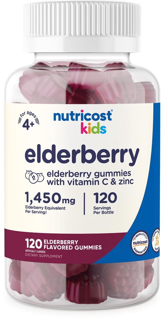 Nutricost Kids Elderberry Gummies (50mg) koos tsingi ja C-vitamiini 120 kummiga - gluteenivaba, ilma maisisiirupita