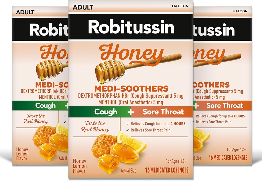 Robitussin Medi-Soothers Honey Sidrun Throat Lozenges, Long-Lasting Cough + Sore Throat Pain Relief - 48 Count (3 x 16ct Packs)