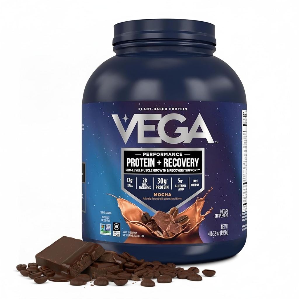 Vega Sport Vegan Valgu Pulber + Taastamine - 30g Taimne Valk Serving, Mocha, 45 Servings, 5g BCAAs, Probiootikumid, NSF Certified, Shakes & Smoothies, 4,2lbs (Paketing May Vary)