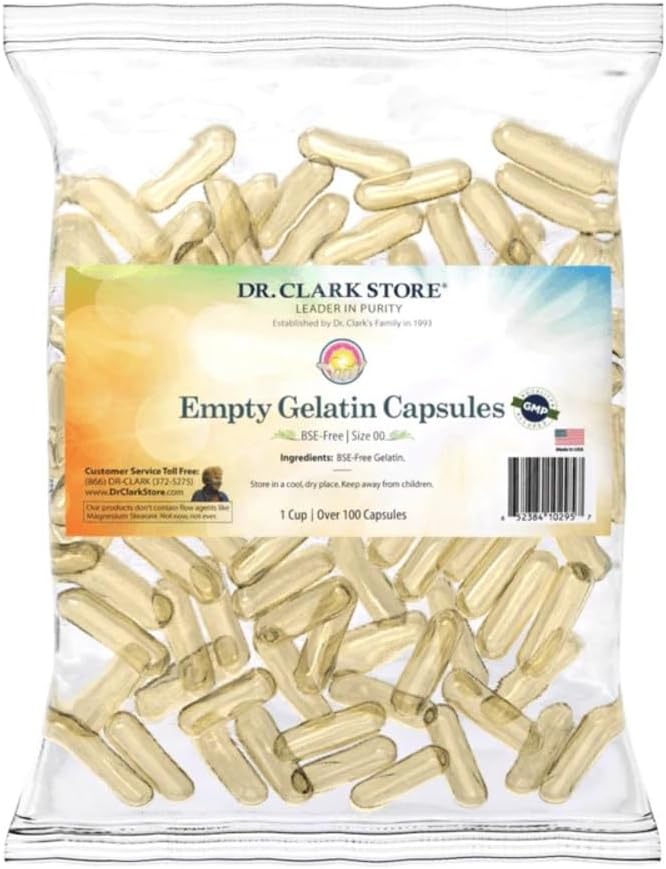Dr Clark Store Tühjad želatiinkapslid suurusega 00 - 1 Cup (ligikaudu 120 kapslit), ideaalne DIY toidulisandite jaoks, taimetoitlane-sõbralik, Halal & Kosher sertifitseeritud, BSE-vaba