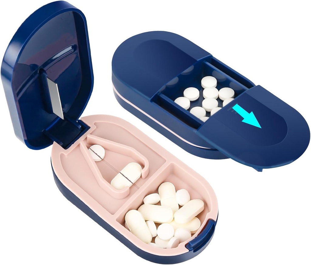 LEAFTOL Pill Cutter, Portable Pill Splitter 2-in-1 Pill Case koos roostevabast terasest Blade, väikeste või suurte vitamiinide tabletid, Lõigatud pillid koos Mini Pill Organizer osa – Sinine
