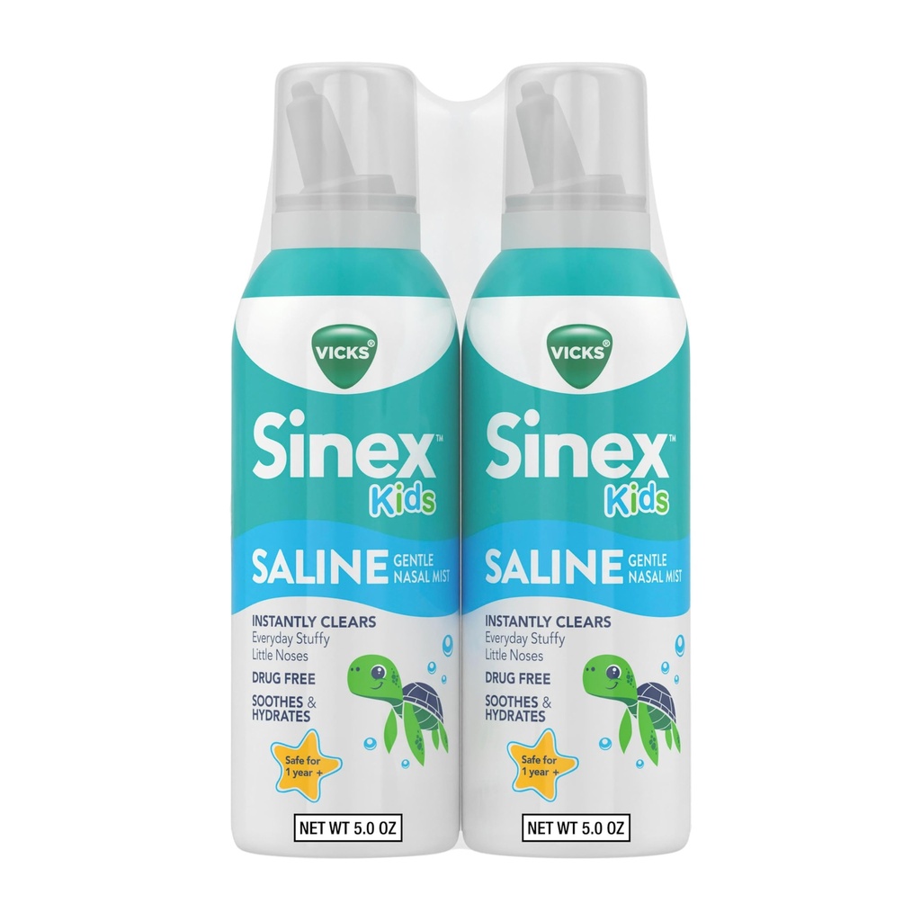 Vicks Sinex, laste soolase nina spray, ravimivaba Ultra Fine Mist koos vihje Aloe, vanused 1+, kiire iga päev Suffy nina leevendus lastele, selge lima külmast või allergiast, 5 OZ x 2