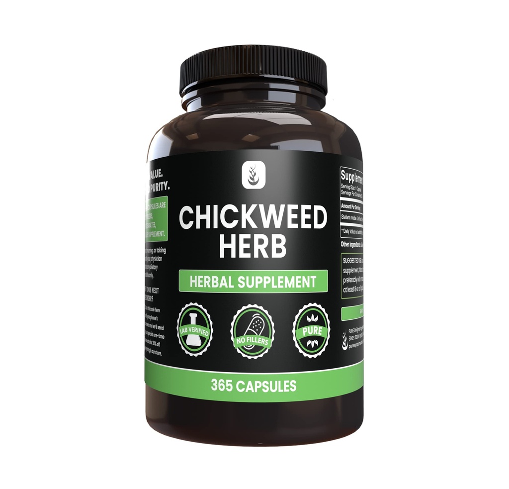 Puhtad ORIGINAALSED KOOSTISOSAD Chickweed Herb, (365 kapslit), No Magnesium ega Riis Fillers, Always Pure, Lab Kontrollitud