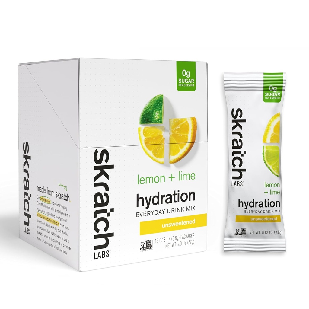 Skratch Labs Unsweetened Electrolyte Powder Packets - Everyday Hydration - Sport Drink Mix - Sugar Free - Electrolytes Booster- Sidrun + Lime - 15 Servings - Keto, Paleo, Vegan, Non-GMO