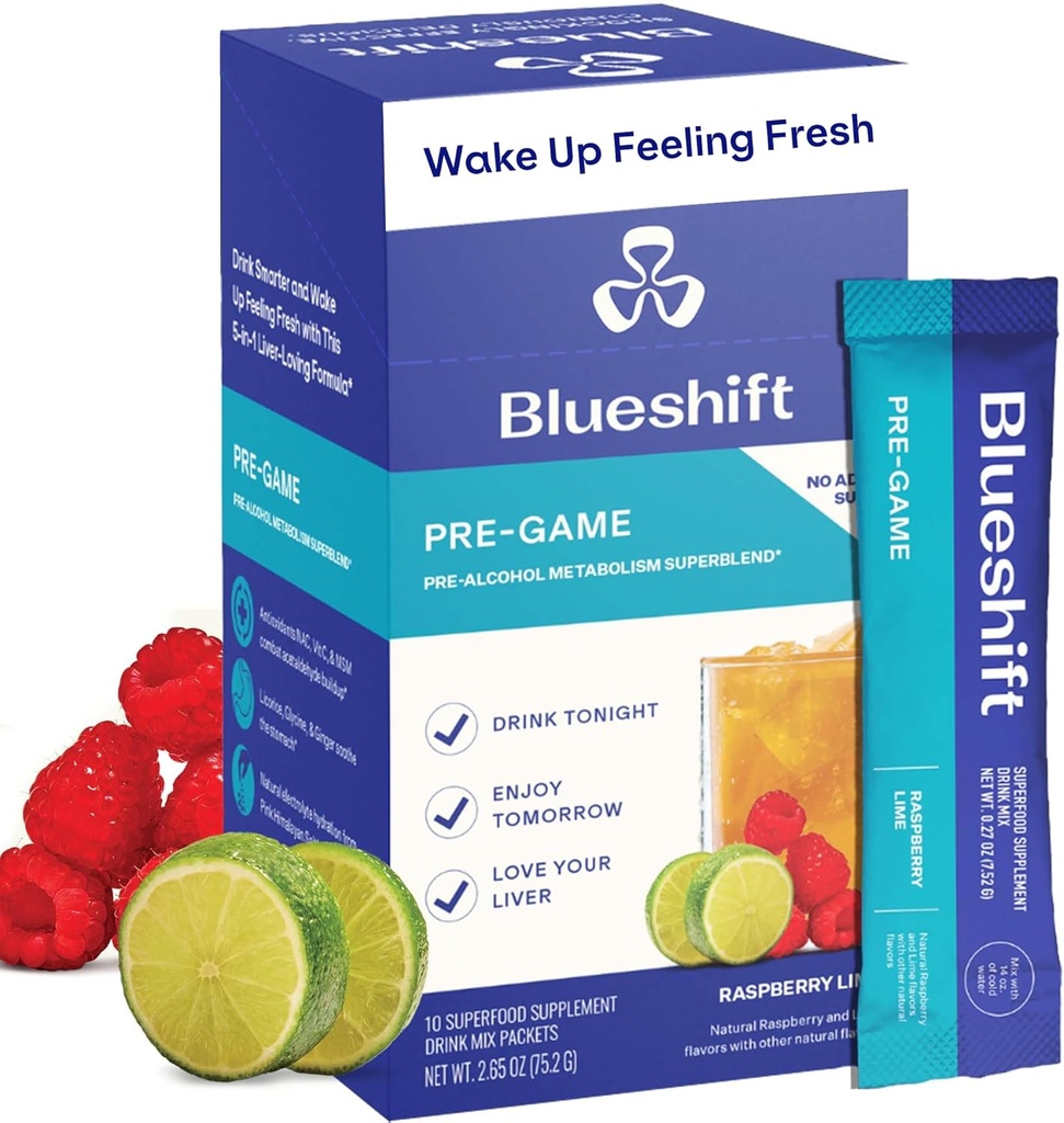 Blueshift Pre-Game - Pre Drinking NAC Supplement, elektrolüütide pulbripaketid, hüdratsioonipaketid, Maksatoetus ingveriga, tsüsteiin, piimaohakas, suhkrupulbri pulgad (10 pakett)