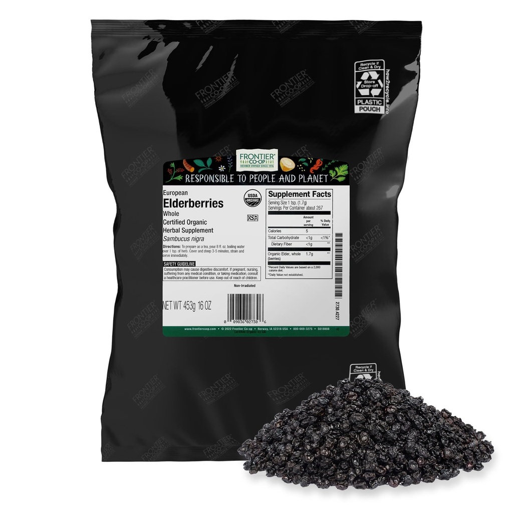 Frontier Co-op Organic Dried Elderberries, 1lb Bulk Bag, European Whole | Kosher ja Non-GMO Organic Elderberry Berries Kuivatatud, tee, immuuntoetus