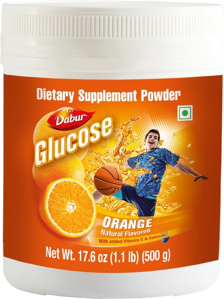 Dabur Glükoos - Glükoosipulber - rikastatud D-vitamiini ja kaltsiumiga - maitsev apelsin - 500 grammi