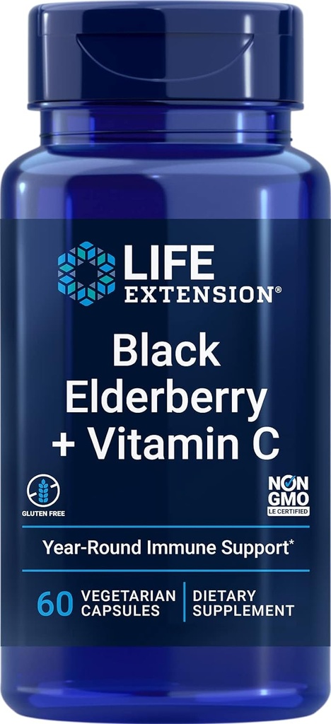 Life Extension Black Elderberry + C-vitamiin, igapäevane immuunsuse tugi Elderberry & C-vitamiinist, gluteenivaba, mitte-GMO, taimetoitlane, 60 kapslit