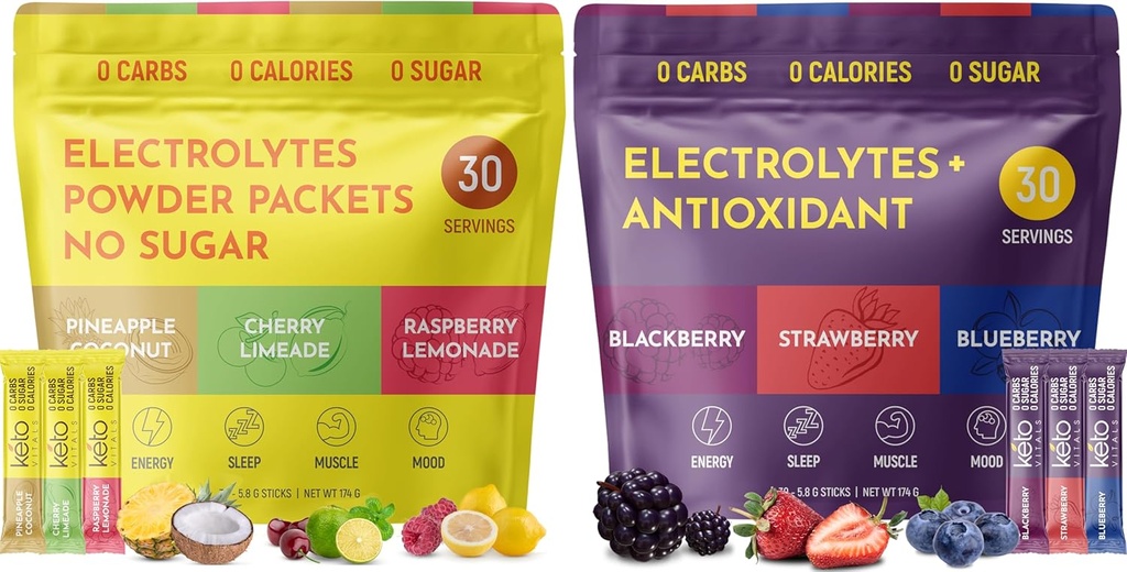 Keto Vitals Tropical & Berry Assorted 2 Pack Bundle Electrolyte Powder Bundle: Tropical & Berry Assorted Maitsed - Sugar-Free & Zero Calorie Electrolyte Drink Mix Packets, 60 Servings