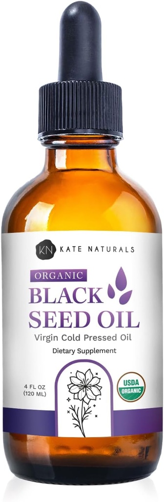 Kate Naturals Organic Black Seed Oil (4oz, Virgin, Cold Pressed, Non-GMO) Vedel Nigella Sativa immuunsuse toetamiseks ja seedimiseks. Puhas mustseemneõli juustele ja nahale
