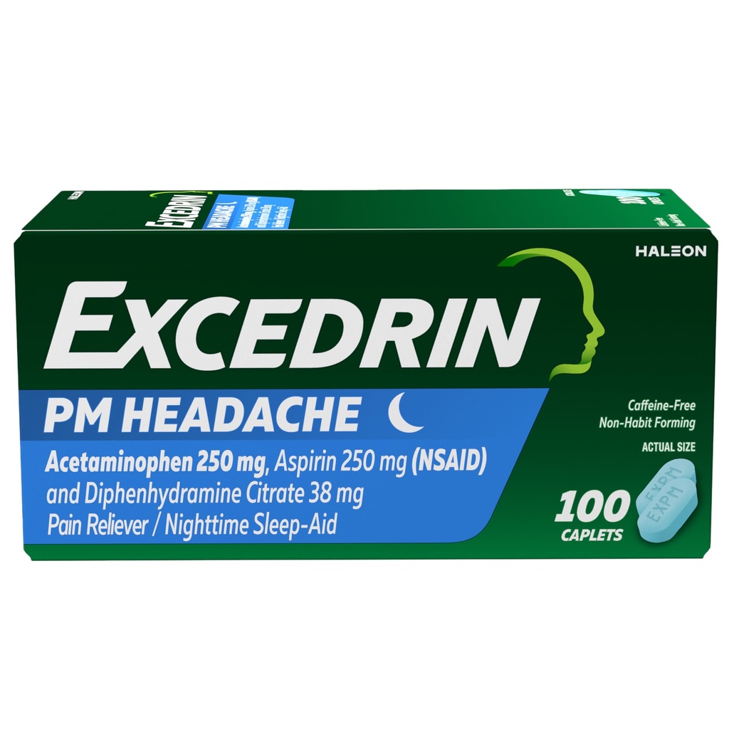 Excedrin PM peavalu leevendamiseks, atsetaminofeen 250mg, aspiriin 250mg, difenhüdramiintsitraat 38mg, valu leevendaja, öine uneabi, 100 loend