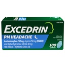 Excedrin PM peavalu leevendamiseks, atsetaminofeen 250mg, aspiriin 250mg, difenhüdramiintsitraat 38mg, valu leevendaja, öine uneabi, 100 loend