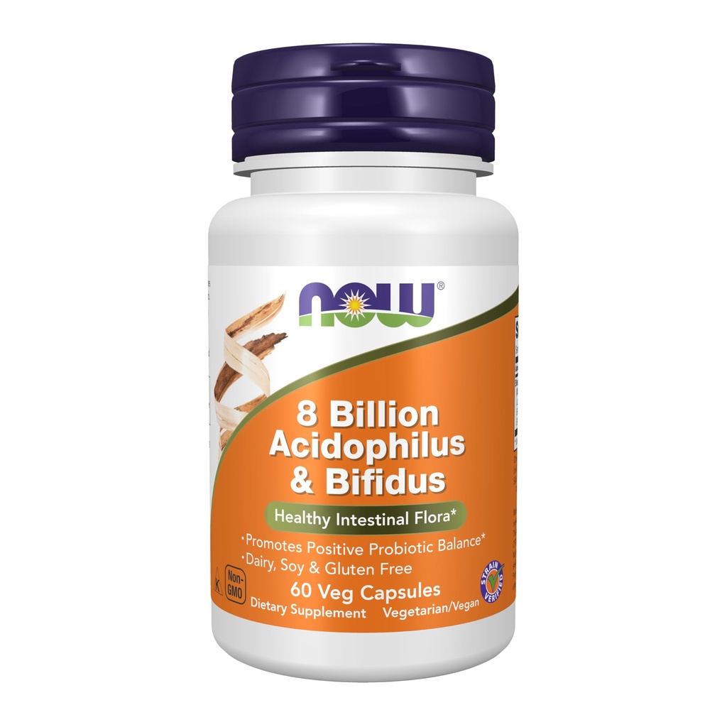 NOW Foods Supplements, 8 miljardit Acidophilus & Bifidus, piimatooted, soja ja gluteenivaba, tüvi kontrollitud, 60 Veg kapslit