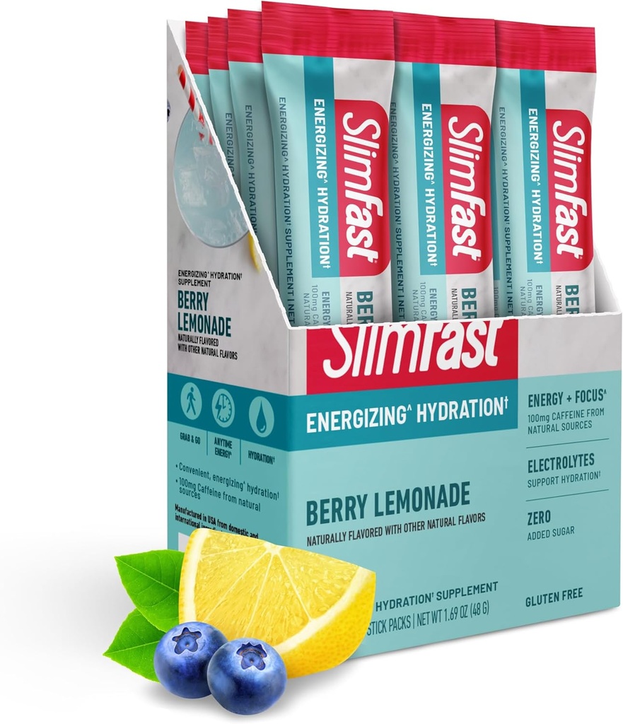 SlimFast hüdratsioonipaketid, vahelduvad paastumiselektrolüüdid, joogisegu paketid, vahelduv paastupulber, energiapulbri joogisegu, kofeiin, elektrolüüdid hüdreerimiseks, Berry Lemonade (12 loend)