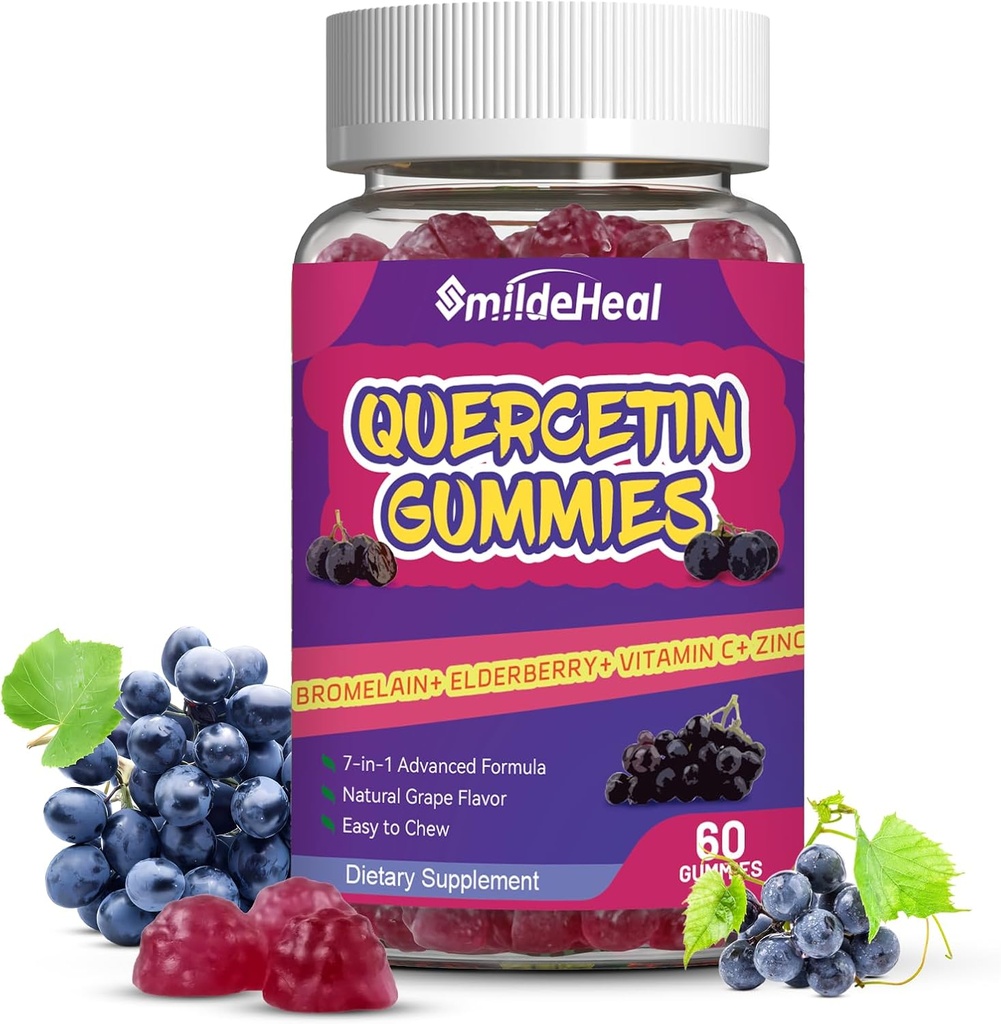 Quercetin Gummies 1200MG, Quercetin Gummies Bromelain, Tsink Vitamiin C, Quercetin Supplement Gummies täiskasvanutele ja lastele, 60 Vegan Gummies