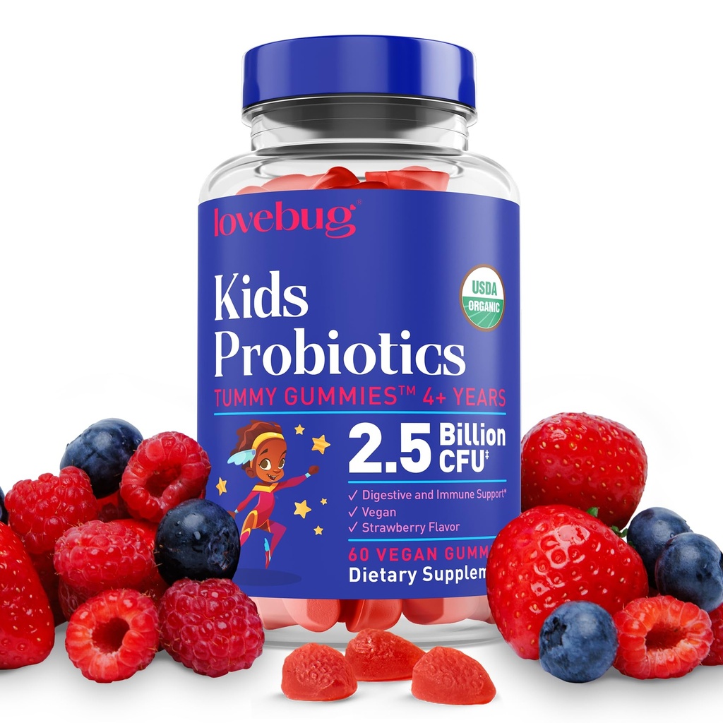 LOVEBUG Kids Probiootilised kummikud - orgaanilised närimistable probiootikumid lastele vanuses 4+, mullapõhine laste probiootikum soolestiku tervisele, kõhukinnisus, seedehäired ja immuuntoetus, Vegan, 60 närimist, maasikas
