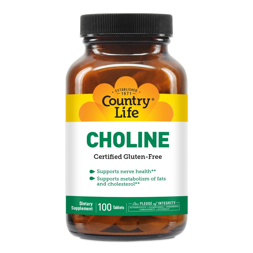 Country Life Choline 266mg, sertifitseeritud gluteenivaba, sertifitseeritud vegan, sertifitseeritud halal - 100 Tabletid