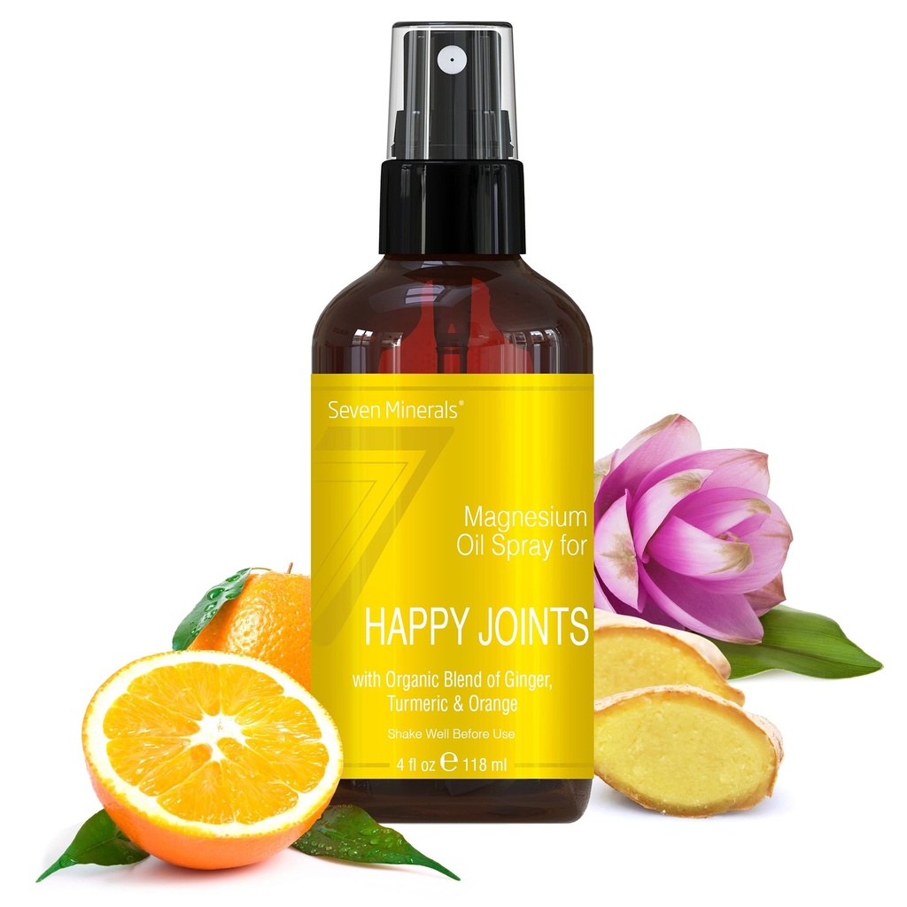 Seitse mineraali, Magneesium Õnnelikud liigesed Spray - võimas USA valmistatud magneesiumiõli segu eeterlike õlidega (Turmeric, Ginger ja Orange) - Tasuta Ebook Kaasas (4 fl oz)