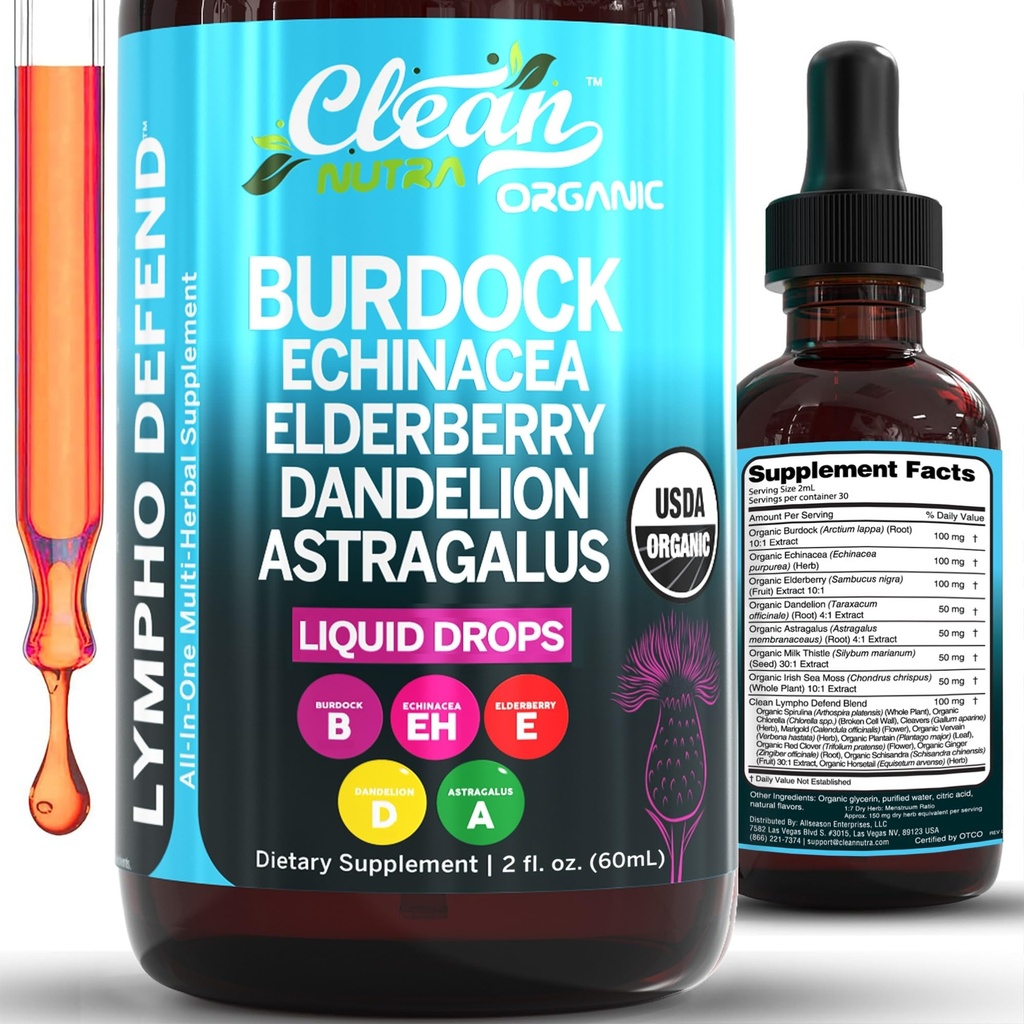 Orgaaniline Lümfaatiline Drainage Supplement | Lümfaatiline tugitilgad | Burdock Root Echinacea Elderberry Dandelion Astragalus Milk Thistle Sea Moss Red Clover Cleanse Marigold Drop by Clean Nutra