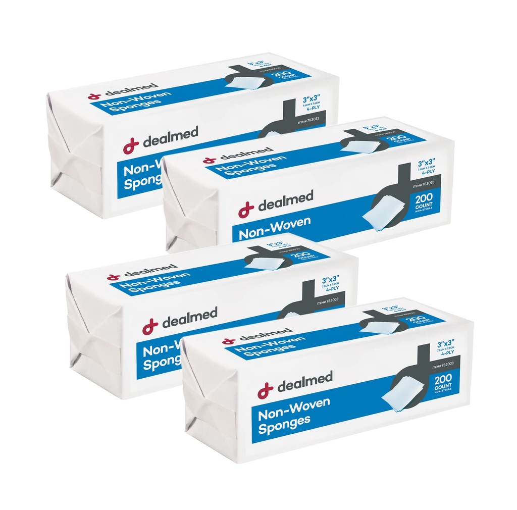Dealmed 3" x 3" Mittekootud Gauze käsnad (200 krahv) 4-Ply All-Ply All-Ply Mittesteriilsed Absorbent Hambaravi haavahooldustoode esmaabikomplekti / meditsiiniasutuste jaoks (4. pakk)