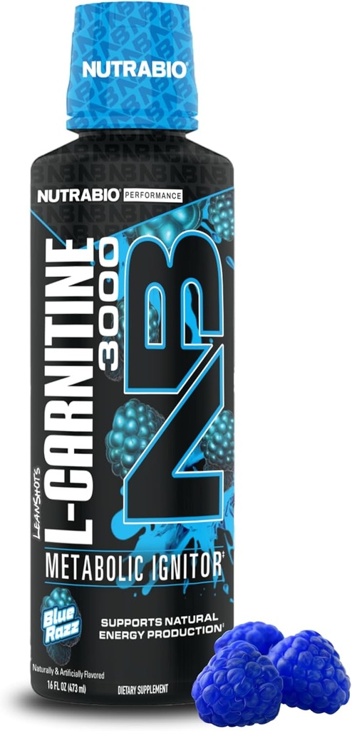 NutraBio – L-Carnitine Liquid Shots – 3000mg, (Blue Razz) – 10mg of Vitamin B-5 – Zero Carbs & Sugars – Energy Production – Muscle Recovery