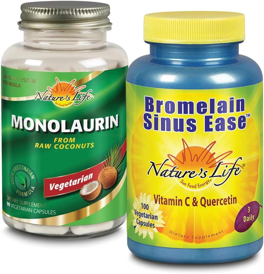 Looduse elu Monolauriin & Bromelain Siinus Ease Bundle | Tervislik immuunfunktsioon ja hingamisteede tugi | 90ct, 100ct