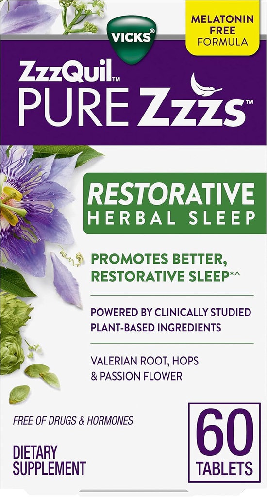ZzzQuil PURE Zzzs Taastav Taimne uni, tabletid, narkootikumide ja hormoonide vaba, melatoniinivaba valem, Valerian Juur, humal, Passion Flower, Sleep Aids täiskasvanutele, 60 Count