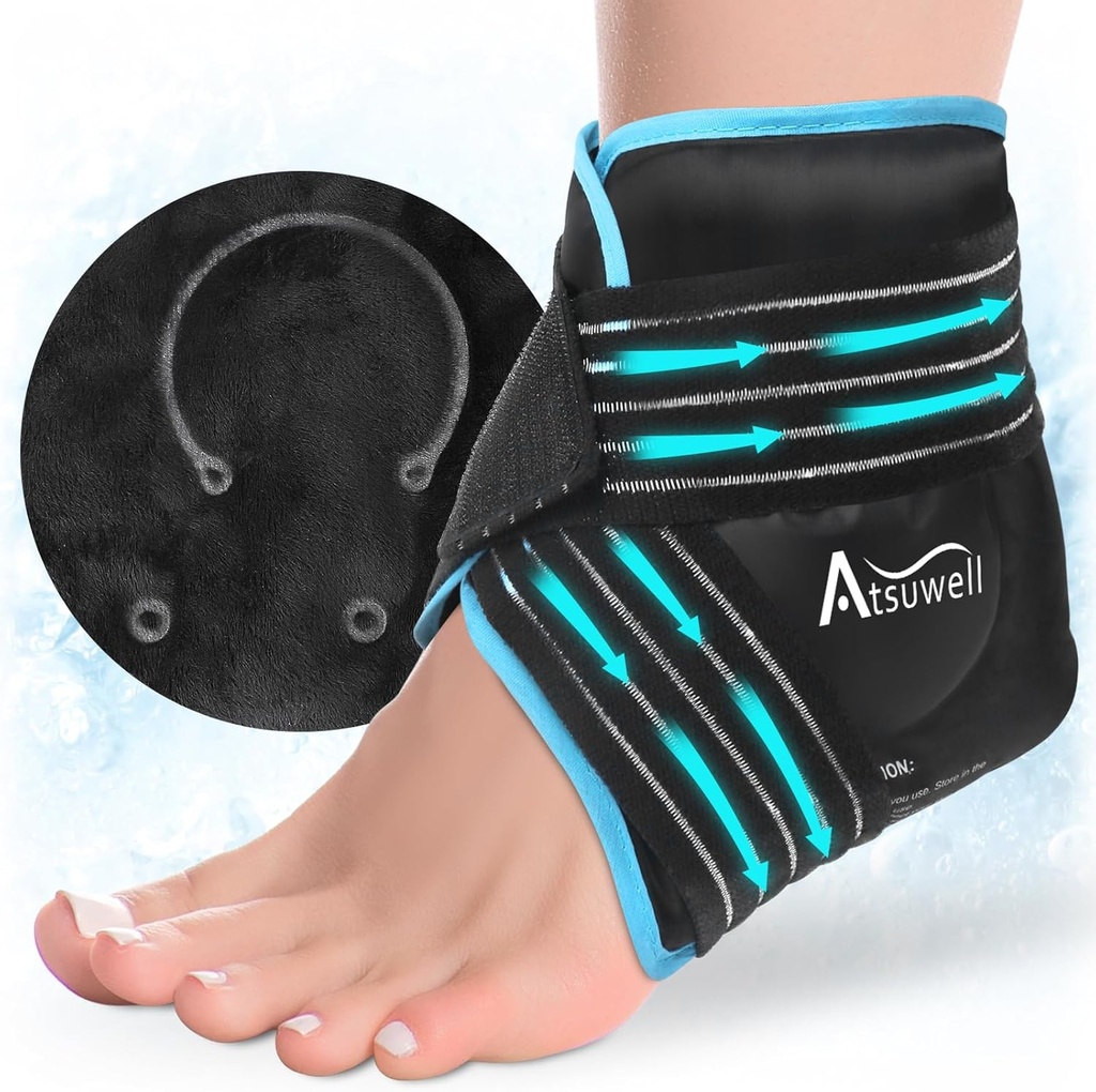 Atsuwell Ankle Ice Pack Wrap, korduvkasutatav Gel Ice Pack jala hüppeliigese kand, Foot Ice Wrap koos Soft Plush Lining, Cold Compress Therapy rahustav Ebamugavus, Must