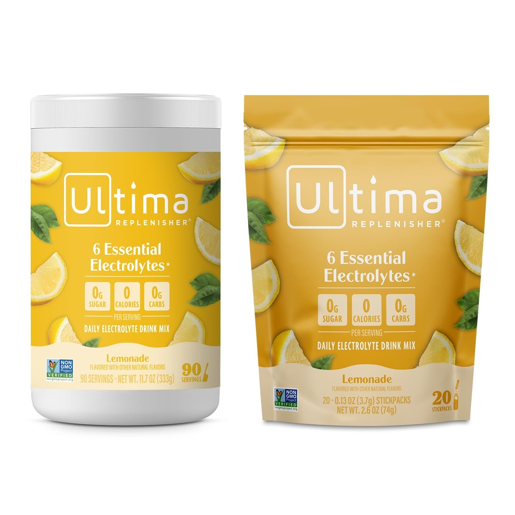 Ultima Replenisher Electrolyte Powder Drink Mix Bundle – Sugar Free – Limonaad, 90 Serving Canister ja 20 Stickpacks – 6 Elektrolüüte ja mineraale – Keto Friendly, Vegan, Non-GMO