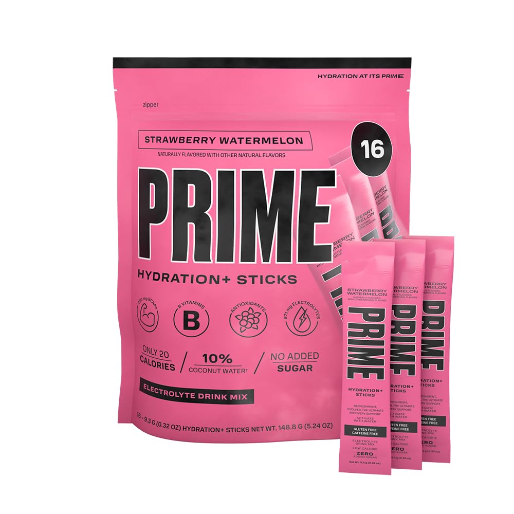 PRIME HYDRATION+ Sticks Strawberry Arbuus | Hüdratsioonipulber Ühekordse Serviga Pulgad | Elektrolüüdipulber Go | Madal suhkur | Kofeiinivaba | Vegan | 16 Pulgad