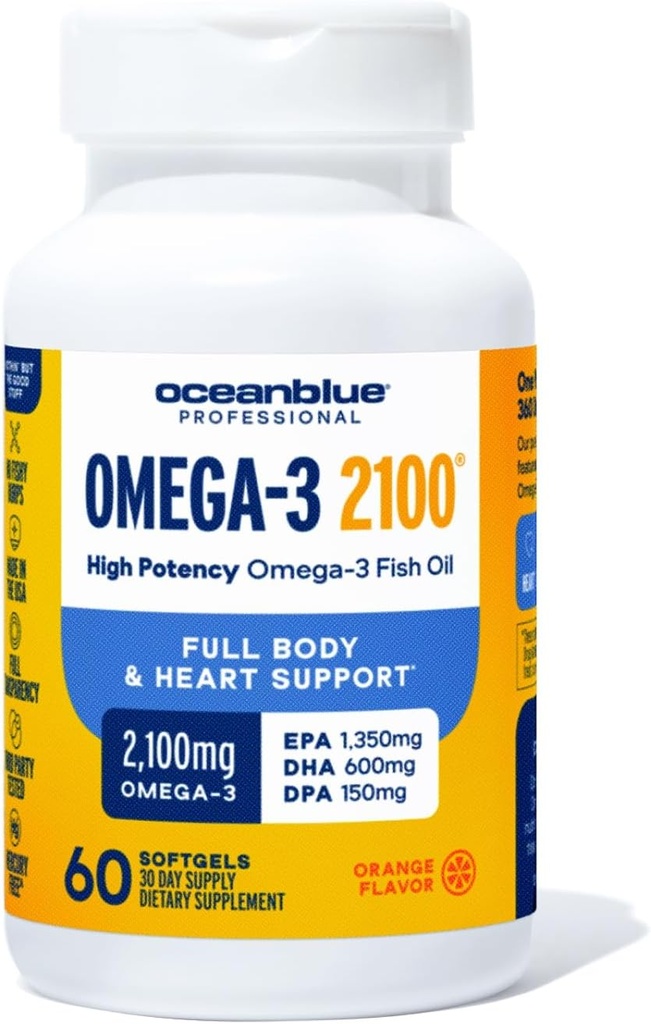 Oceanblue Professional Omega-3 2100-60 Count - High-Potency Triple Tugevus Burpless Fish Oil Supplement EPA, DHA & DPA - Oranž maitse, 30 Servings
