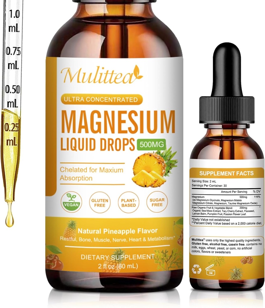 Magneesium Vedelad tilgad - Suur imendumine 5-in-1 Magneesiumkompleksi lisandiga magneesiumglütsinaat, malaat, tsitraat, tauraat - luudele, lihastele, närvidele ja energiale - Vegan, suhkruvaba, 2 Fl.oz