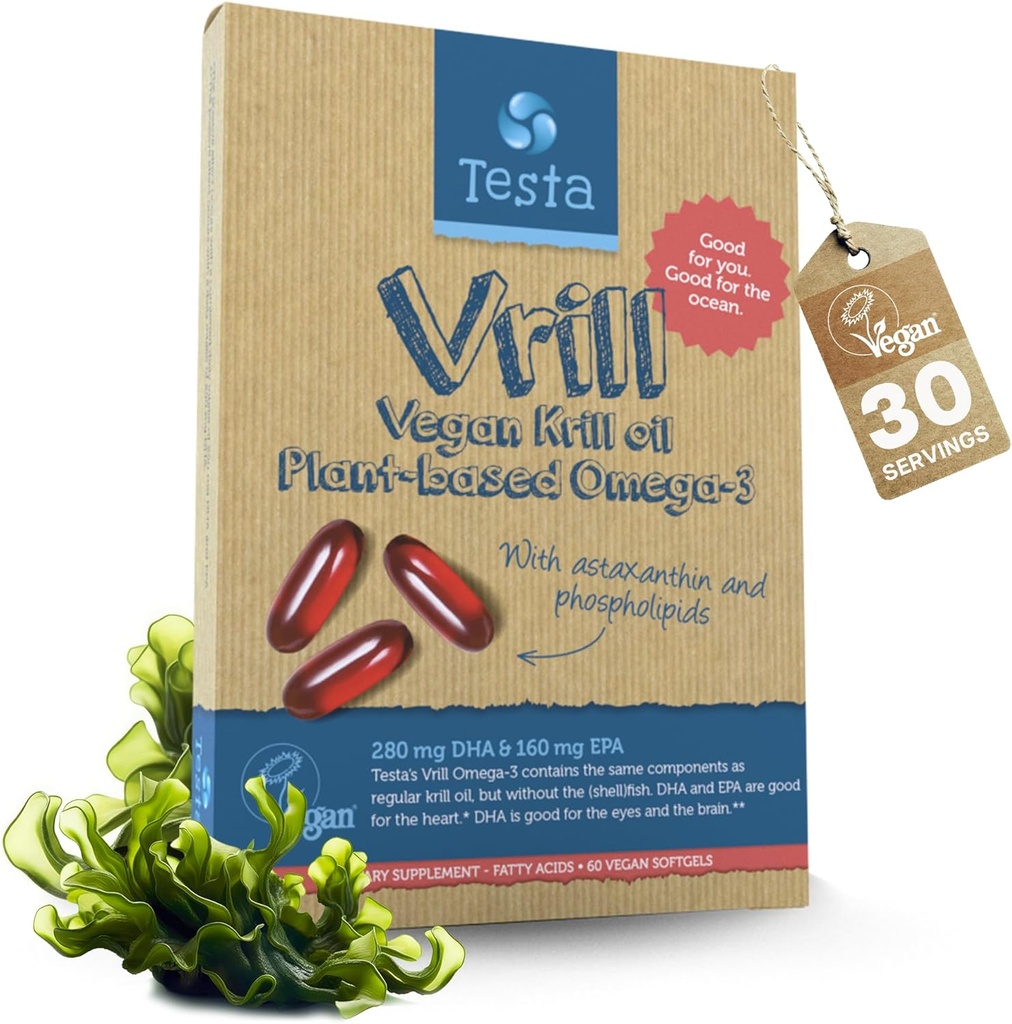 Testa Omega 3 Vegan Krill Supplement-1000mg Softgels, 2 korda rohkem Omega-3, DHA, EPA, Astaksantiin, Fosfolipiidid - süda, aju, silm, liigeste tugi - Mitte kala, vetikate allikas - 60 Softgels