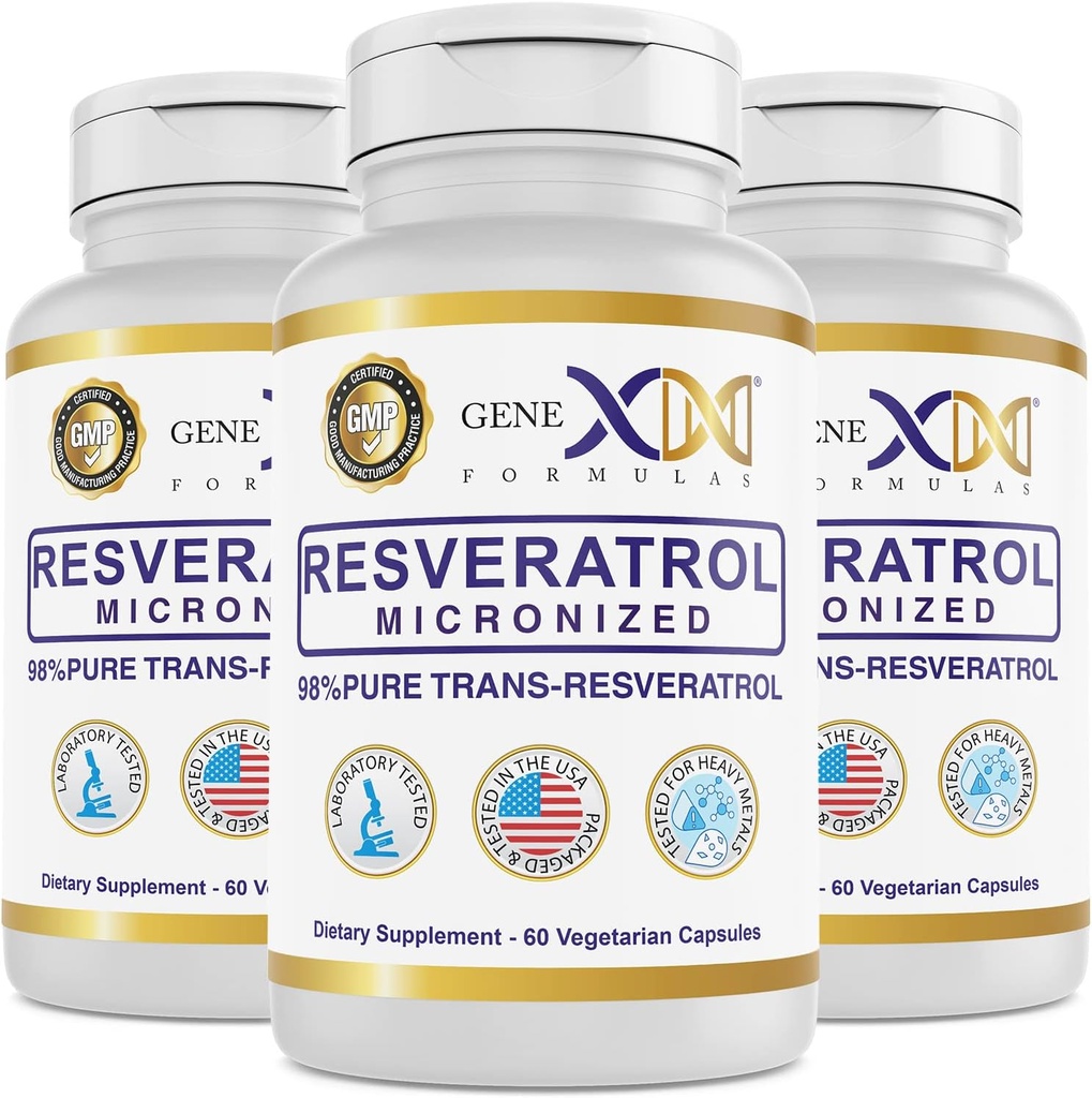 Genex Formulas 98% puhas trans-resveratrool koos BioPerine®-ga imendumiseks (3 pakendit) Mikroniseeritud, Lab-testitud, täielikult stabiliseeritud resveratrool 600mg - 180X Trans-Resveratrooli kapslid tervislikuks vananemiseks