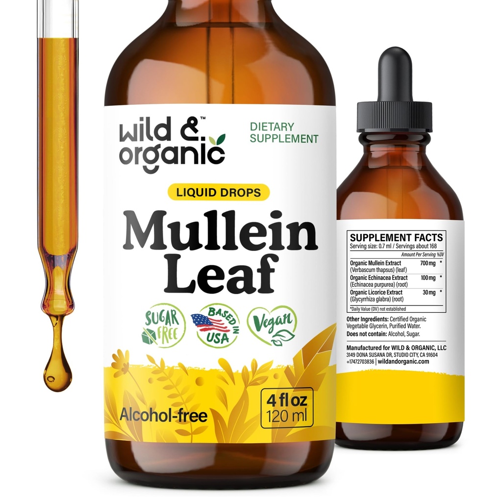 Wild & Organic Mullein Tinktuur - Lung Cleanse ja Detox - Vedel Mullein Leaf Extract Lungs koos Echinacea - Verbascum Thapsus tilgad - Vegan, suhkur ja alkoholivaba täiendus - 4 fl oz