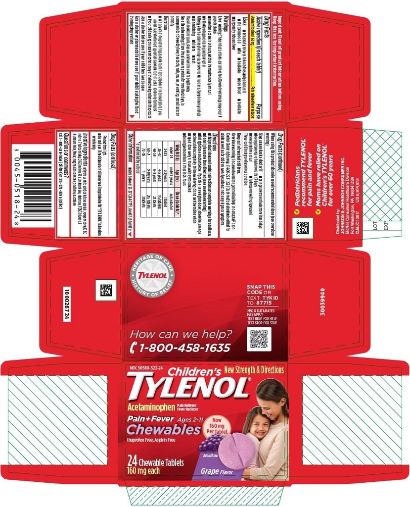 Tylenol Laste valu + palavik Näritavad tabletid Viinamarjamaitse - 24 ct, pakend 4